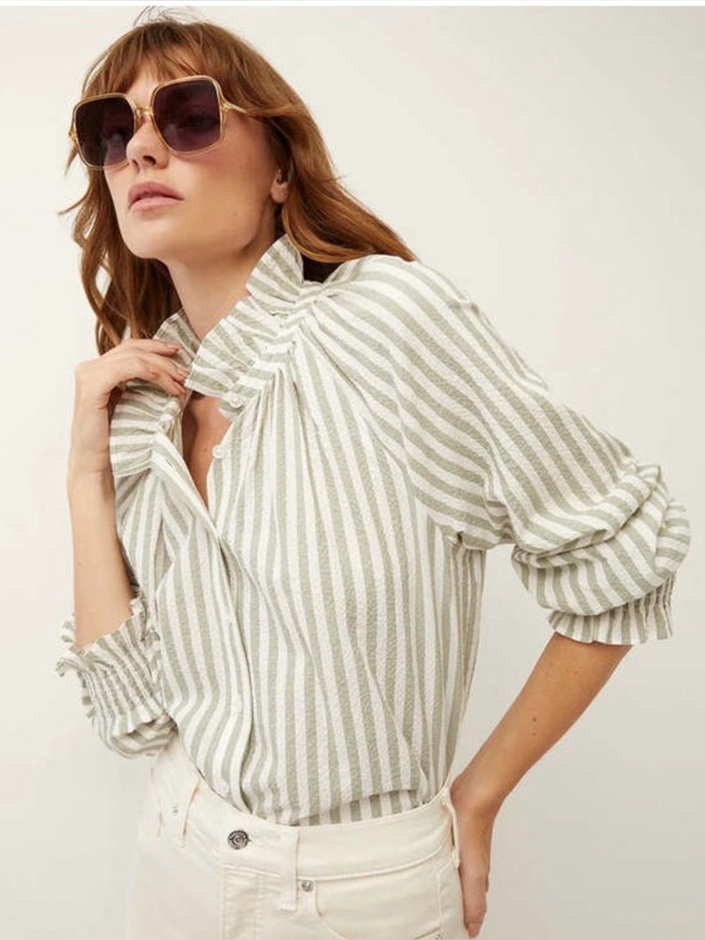 Veronica Beard Calisto Seersucker Shirt Dark Sage and White Size 2